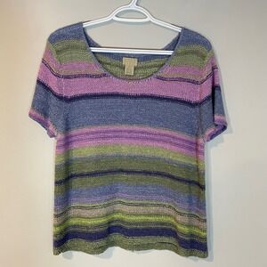 Sigrid Olsen Sport Petite Large Striped Beachy Knit Short Sleeve Top Coastal